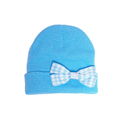 Blue Knit Baby Beanie with Gingham Bow